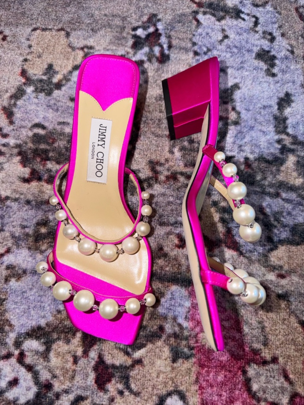 Jimmy Choo Amara 45 Satin Sandal Pink size 38 brand new never worn pearl accent - Picture 8 of 14